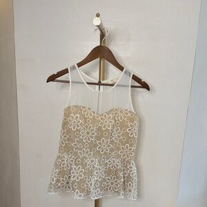 Floral Lace Peplum Top - White and Tan